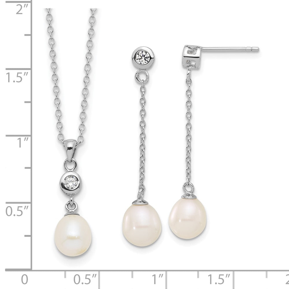Sterlingsilber Rhodiniert 7-8mm Fwc Perle/cz 17 Zoll Halskette/earrings Set