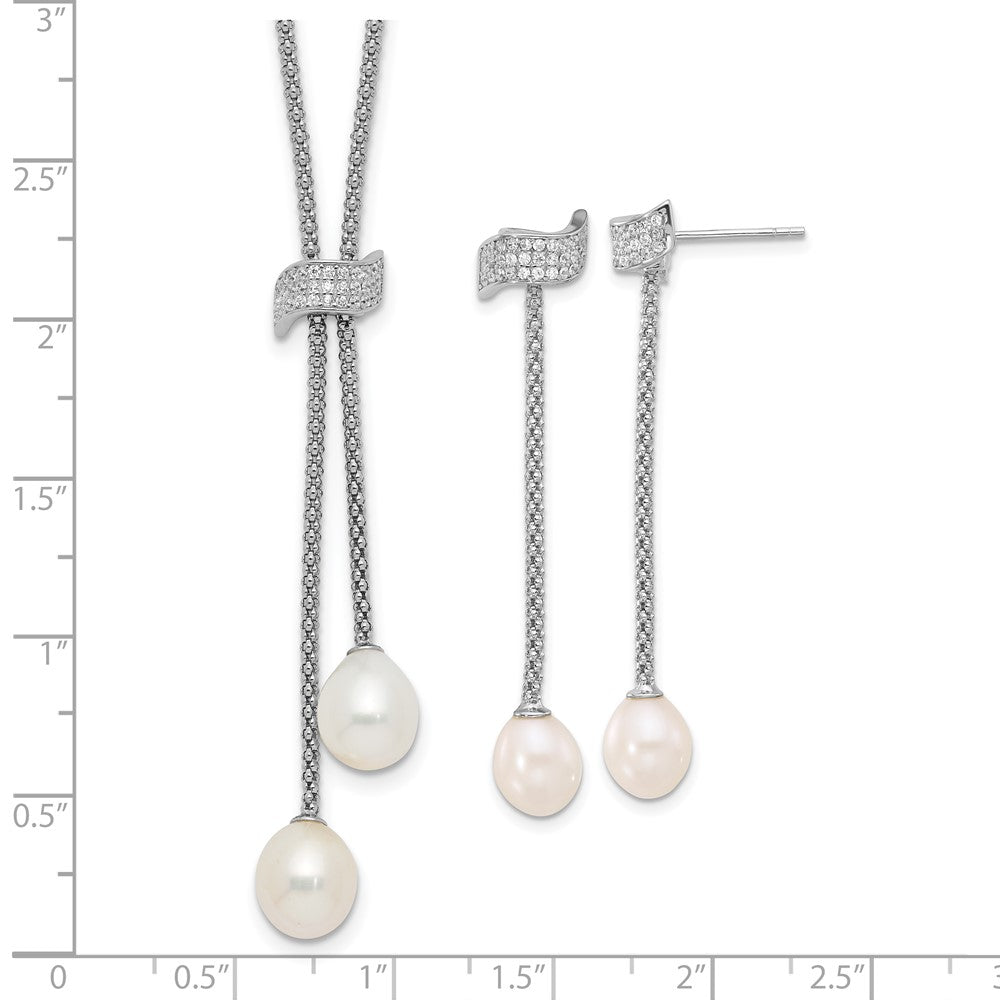 Sterlingsilber Rhodiniert Fwc Perle/cz mit 2 Zoll Verlängerung Halskette/earrings Set