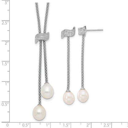 Sterlingsilber Rhodiniert Fwc Perle/cz mit 2 Zoll Verlängerung Halskette/earrings Set