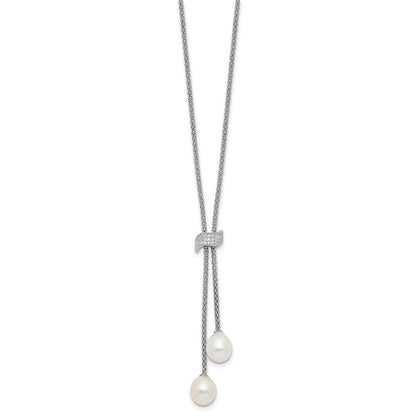 Sterlingsilber Rhodiniert Fwc Perle/cz mit 2 Zoll Verlängerung Halskette/earrings Set