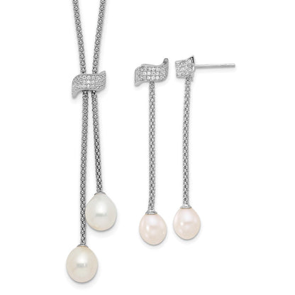 Sterlingsilber Rhodiniert Fwc Perle/cz mit 2 Zoll Verlängerung Halskette/earrings Set