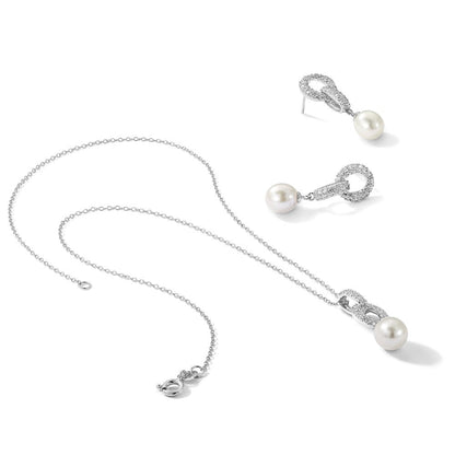Sterlingsilber Rhodiniert 7-9mm Fwc Perle/cz Halskette/ Ohrstecker Set