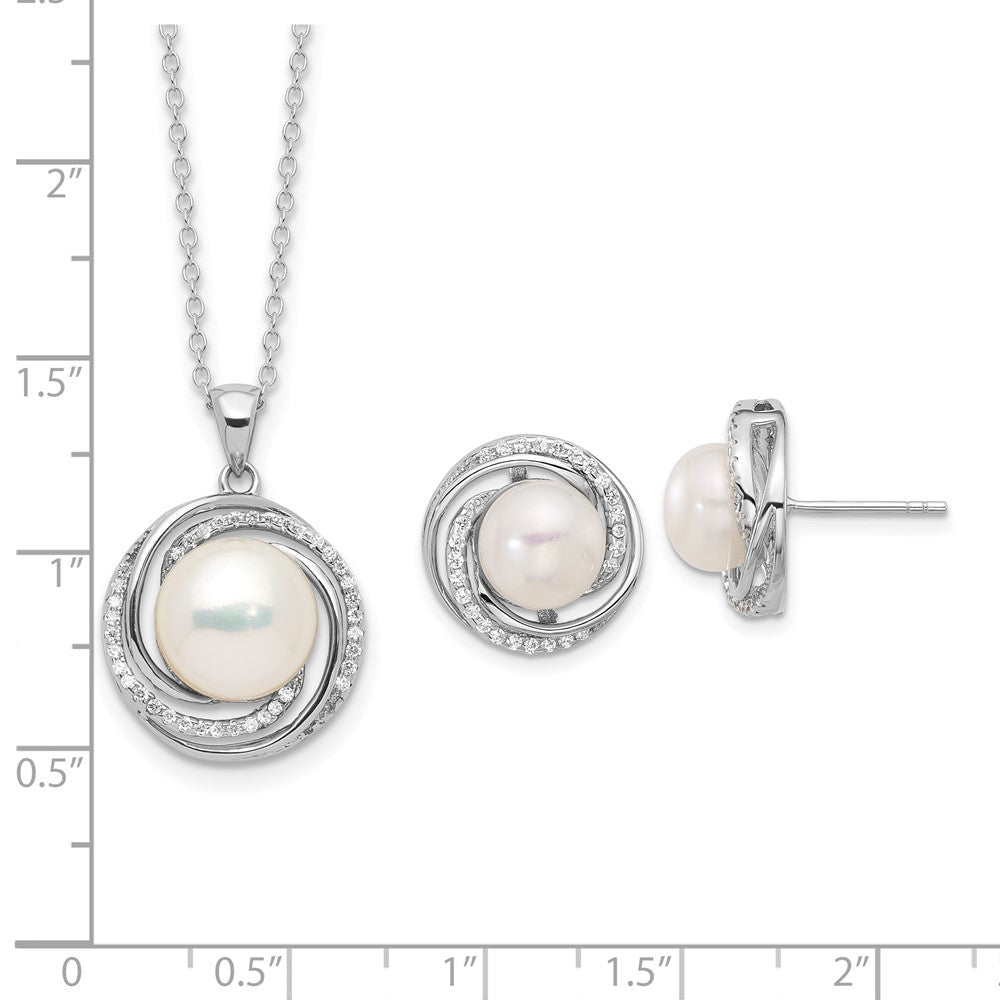 Sterlingsilber Rhodiniert 8-10mm Fwc Perle/cz Halskette/ Ohrstecker Set