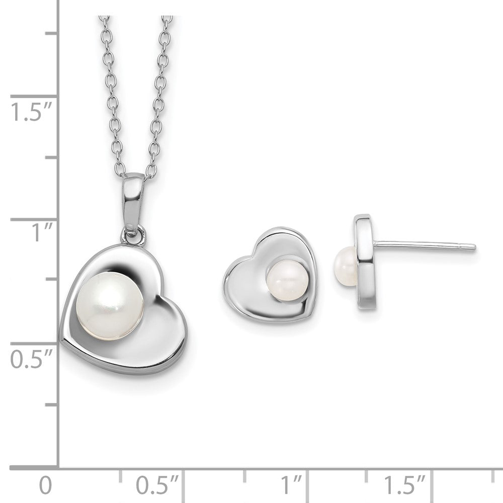 Sterlingsilber Rhodiniert 4-7mm Fwc Perle 17.5 Zoll Herz Neck/earring Set