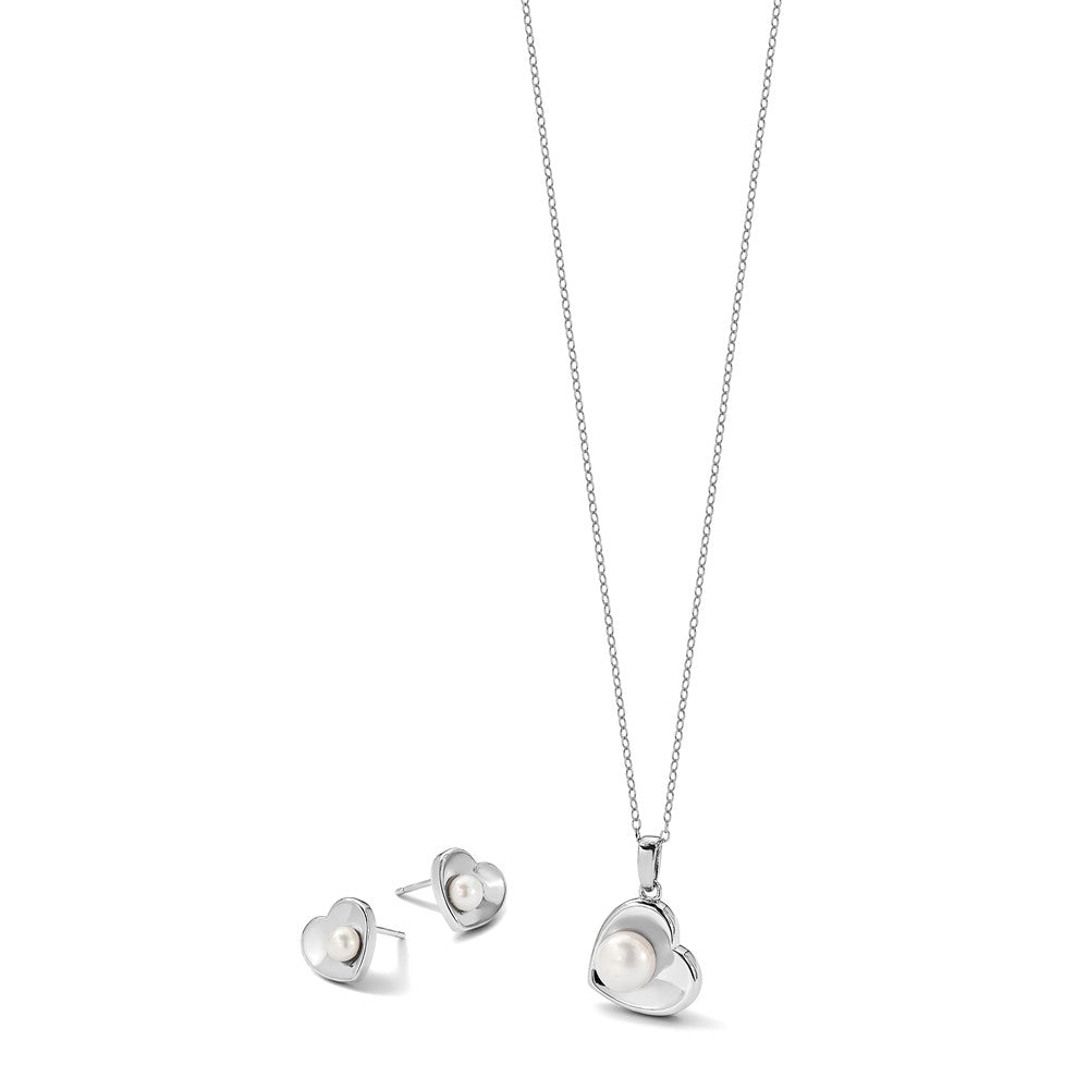 Sterlingsilber Rhodiniert 4-7mm Fwc Perle 17.5 Zoll Herz Neck/earring Set