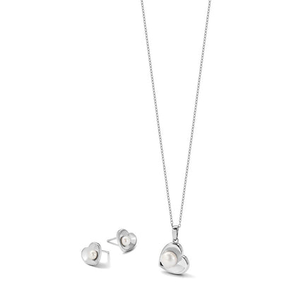 Sterlingsilber Rhodiniert 4-7mm Fwc Perle 17.5 Zoll Herz Neck/earring Set