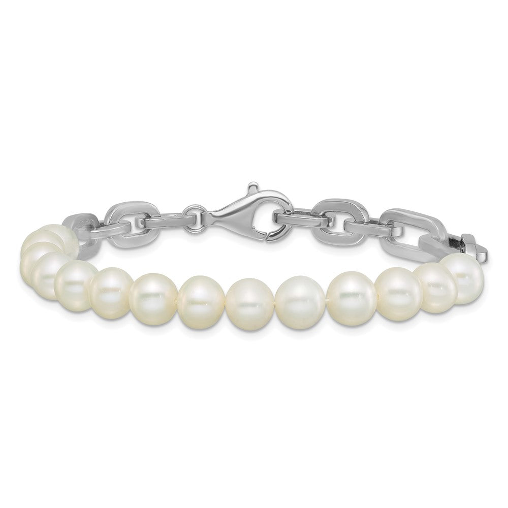 Sterlingsilber Rhodiniert 7-8mm Rund Weiß Fwc Perle Glieder 8 Zoll Armband