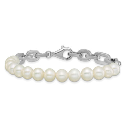 Sterlingsilber Rhodiniert 7-8mm Rund Weiß Fwc Perle Glieder 8 Zoll Armband
