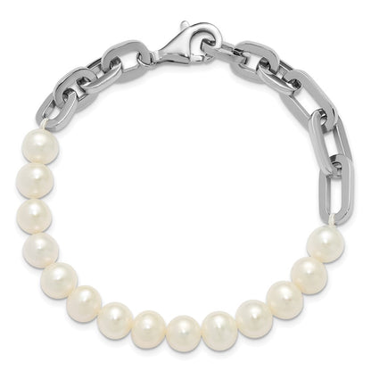 Sterlingsilber Rhodiniert 7-8mm Rund Weiß Fwc Perle Glieder 8 Zoll Armband
