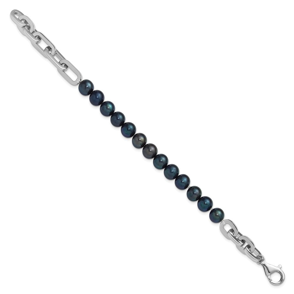 Sterlingsilber Rhodiniert 7-8mm Rund Blk Fwc Perle Glieder 8 Zoll Armband