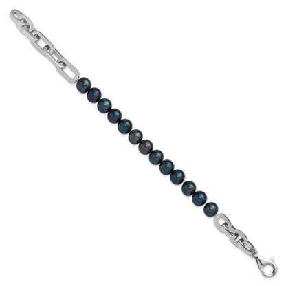 Sterlingsilber Rhodiniert 7-8mm Rund Blk Fwc Perle Glieder 8 Zoll Armband