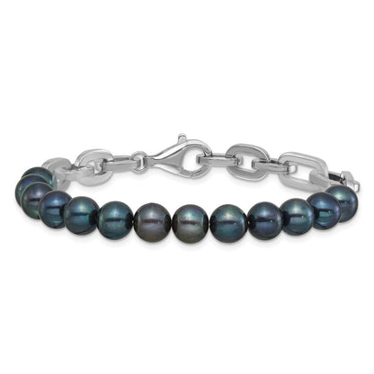 Sterlingsilber Rhodiniert 7-8mm Rund Blk Fwc Perle Glieder 8 Zoll Armband