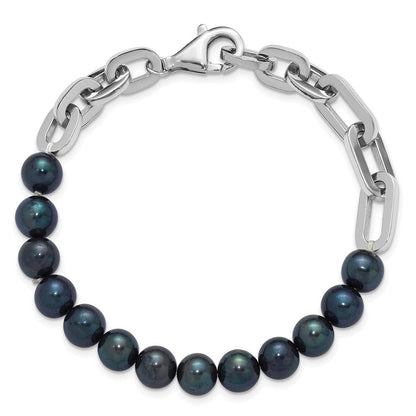 Sterlingsilber Rhodiniert 7-8mm Rund Blk Fwc Perle Glieder 8 Zoll Armband
