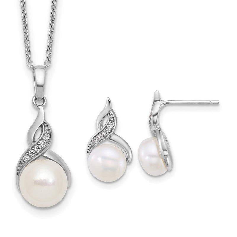 Sterlingsilber Rhodiniert Fwc Perle und Zirkonia 17 Zoll Halskette/earring Set