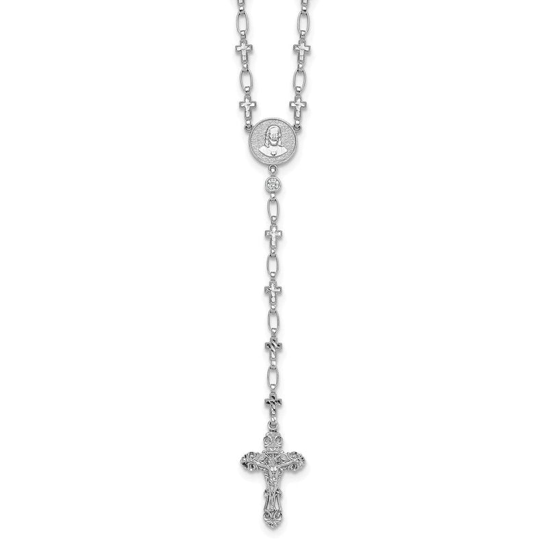 Sterlingsilber Rhodium-plat Poliert Zirkonia & Diamantiert Kreuz 30.5 Zoll Rosenkranz Halskette
