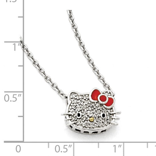 925 Sterling Silber Hello-Kitty-Kollektion Natürlicher Diamant Rote Emaille Anhänger-Halskette 16+2 Zoll