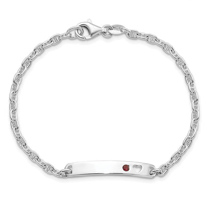 7.5 Zoll Sterlingsilber Poliert Id mit Rot Zirkonia Herz Armband
