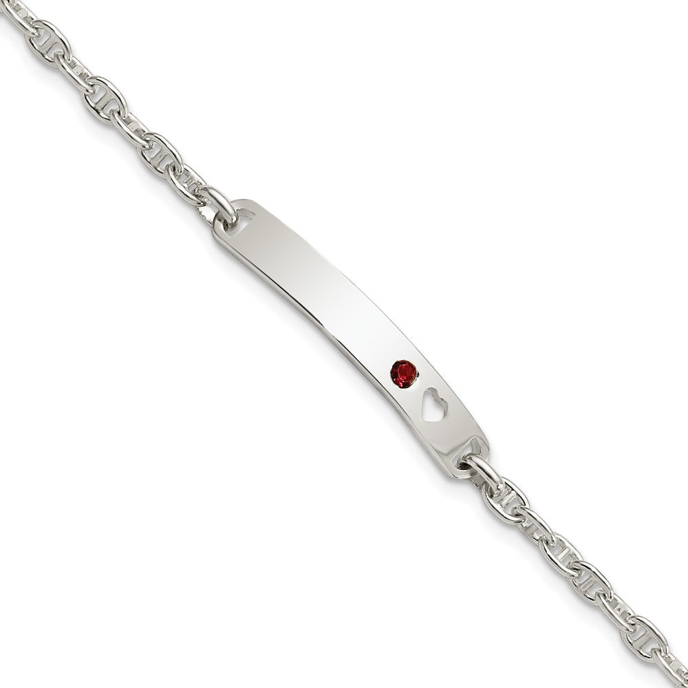 7.5 Zoll Sterlingsilber Poliert Id mit Rot Zirkonia Herz Armband