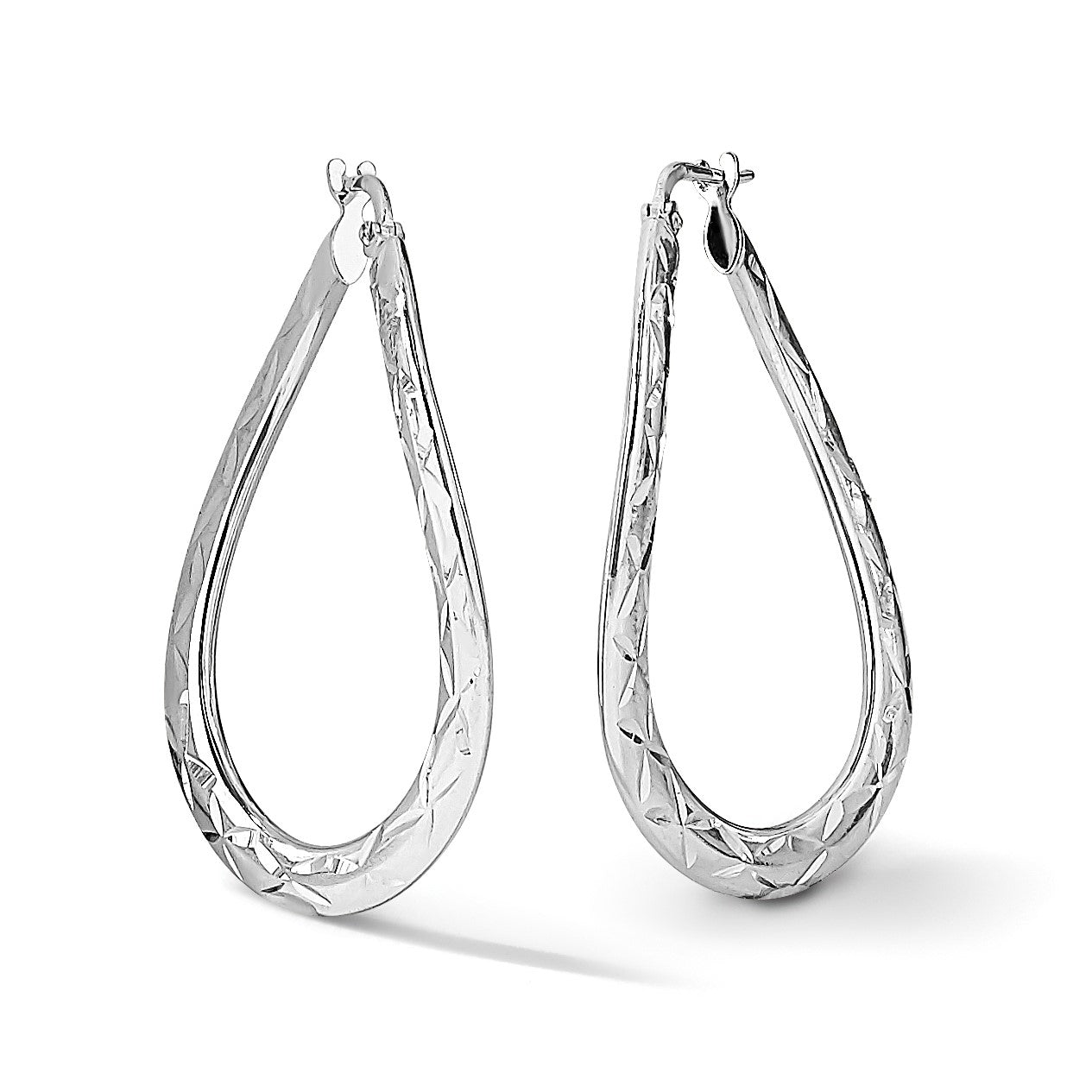 Sterlingsilber Rhodiniert Pol & Diamantiert Gebogen Oval Creolen