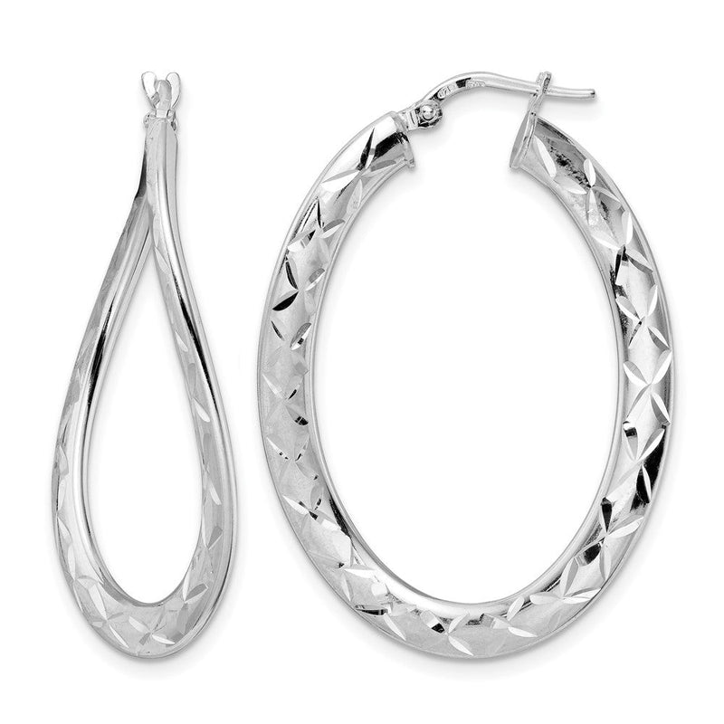 Sterlingsilber Rhodiniert Pol & Diamantiert Gebogen Oval Creolen
