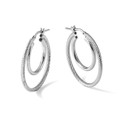 Sterlingsilber Rhodiniert Platin Poliert und Strukturiert Doppelt Creolen