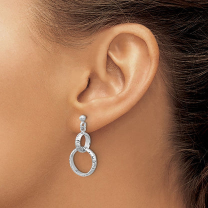 Sterlingsilber Ss Rhodiniert Platin Poliert / Diamant Schliff Kreis Glieder Hängend Ohrstecker