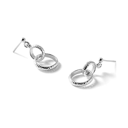 Sterlingsilber Ss Rhodiniert Platin Poliert / Diamant Schliff Kreis Glieder Hängend Ohrstecker