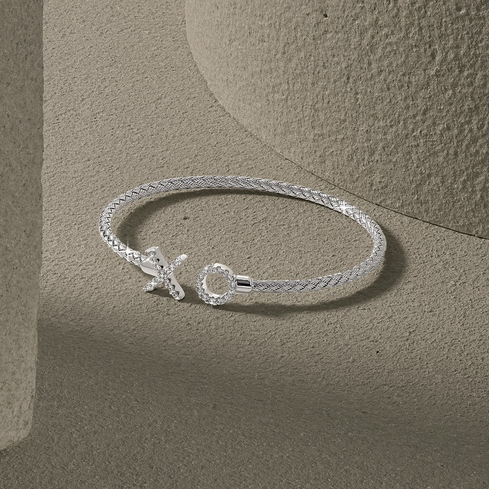 Sterlingsilber Rhod Platin Poliert Zirkonia X & O Geflochten Flexibel Manschette
