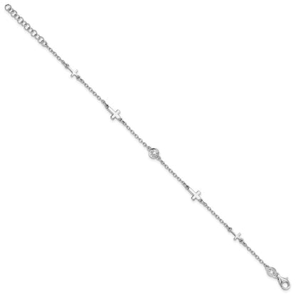 Sterlingsilber Rhodiniert Zirkonia Kreuz mit 1 Zoll Verlängerung. Armband