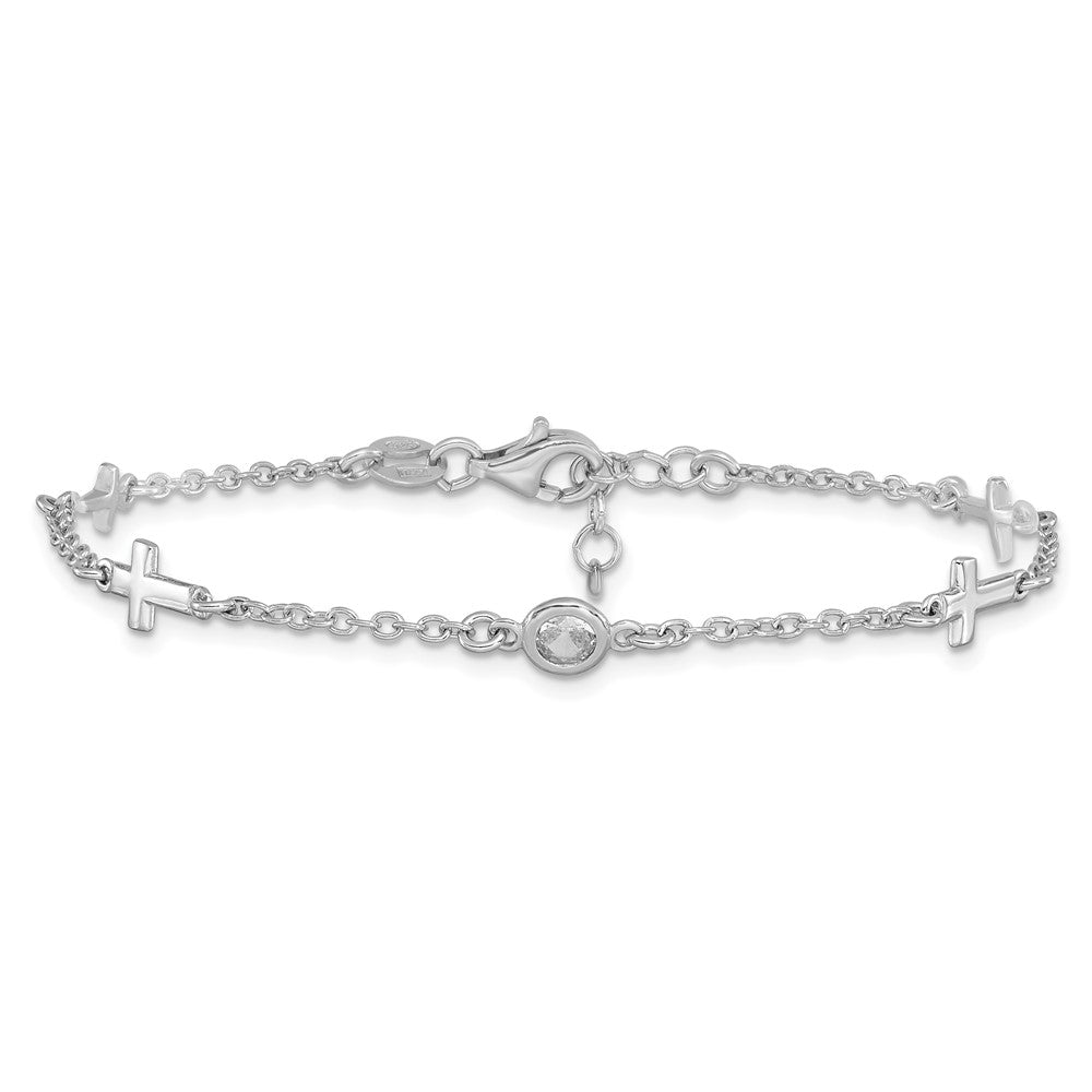 Sterlingsilber Rhodiniert Zirkonia Kreuz mit 1 Zoll Verlängerung. Armband