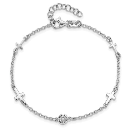 Sterlingsilber Rhodiniert Zirkonia Kreuz mit 1 Zoll Verlängerung. Armband