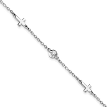Sterlingsilber Rhodiniert Zirkonia Kreuz mit 1 Zoll Verlängerung. Armband