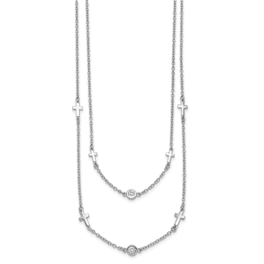 Sterlingsilber Rhod Pl Zirkonia Kreuz Multi Strang mit 2 Zoll Verlängerung. Halskette