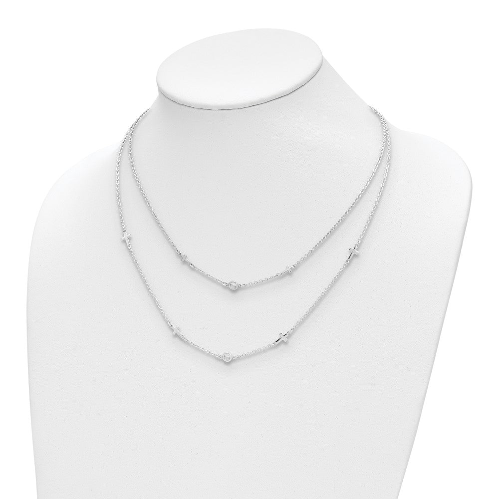 Sterlingsilber Rhod Pl Zirkonia Kreuz Multi Strang mit 2 Zoll Verlängerung. Halskette