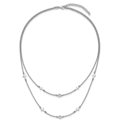 Sterlingsilber Rhod Pl Zirkonia Kreuz Multi Strang mit 2 Zoll Verlängerung. Halskette