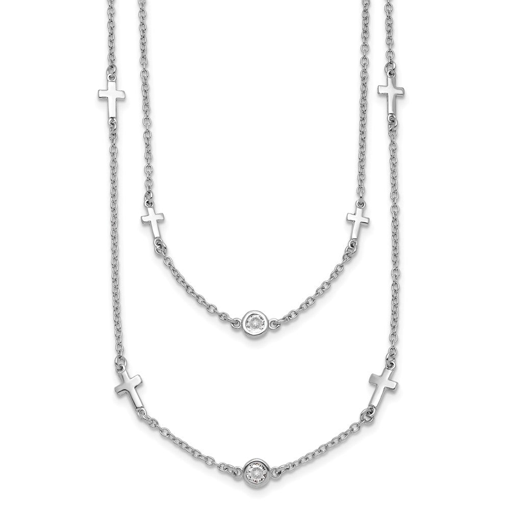 Sterlingsilber Rhod Pl Zirkonia Kreuz Multi Strang mit 2 Zoll Verlängerung. Halskette