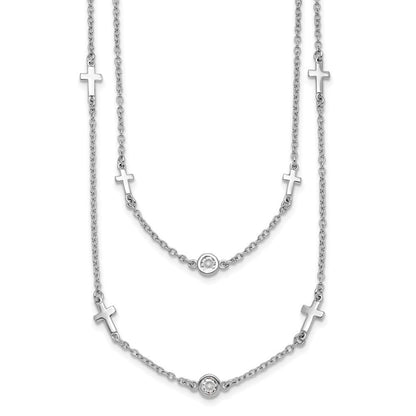 Sterlingsilber Rhod Pl Zirkonia Kreuz Multi Strang mit 2 Zoll Verlängerung. Halskette