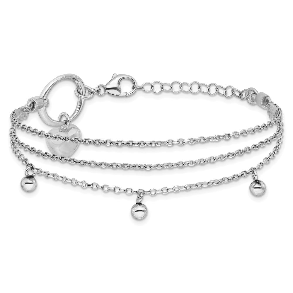 Sterlingsilber Rhodiniert Herz 3 Strang mit 1 Zoll Verlängerung. Armband