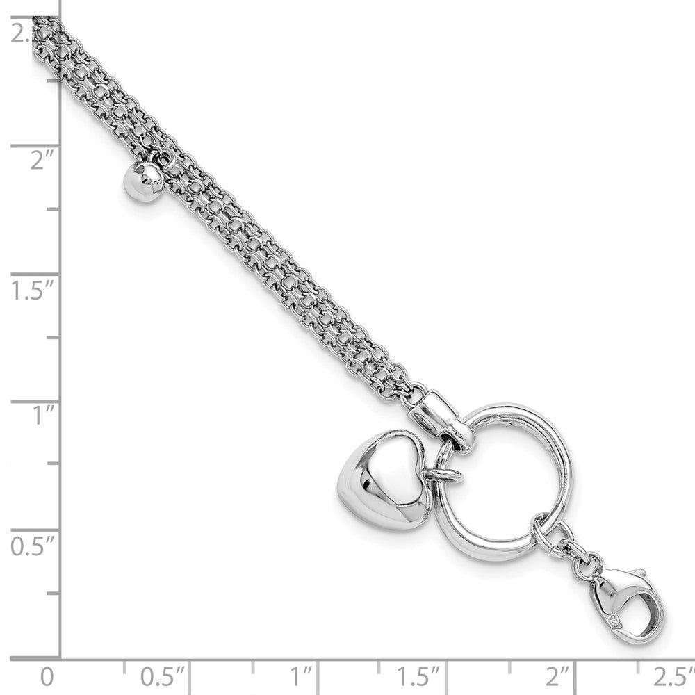 Sterlingsilber Rhodiniert Herz 3 Strang mit 1 Zoll Verlängerung. Armband