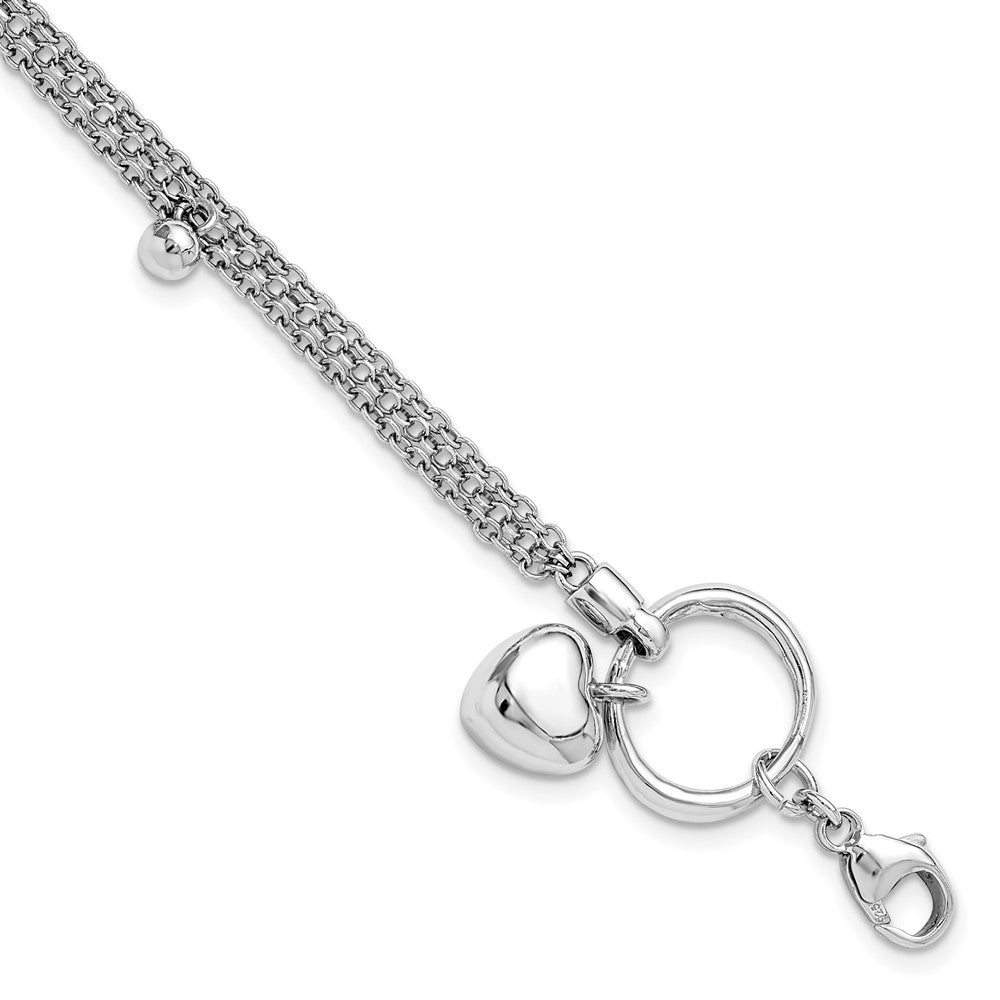 Sterlingsilber Rhodiniert Herz 3 Strang mit 1 Zoll Verlängerung. Armband