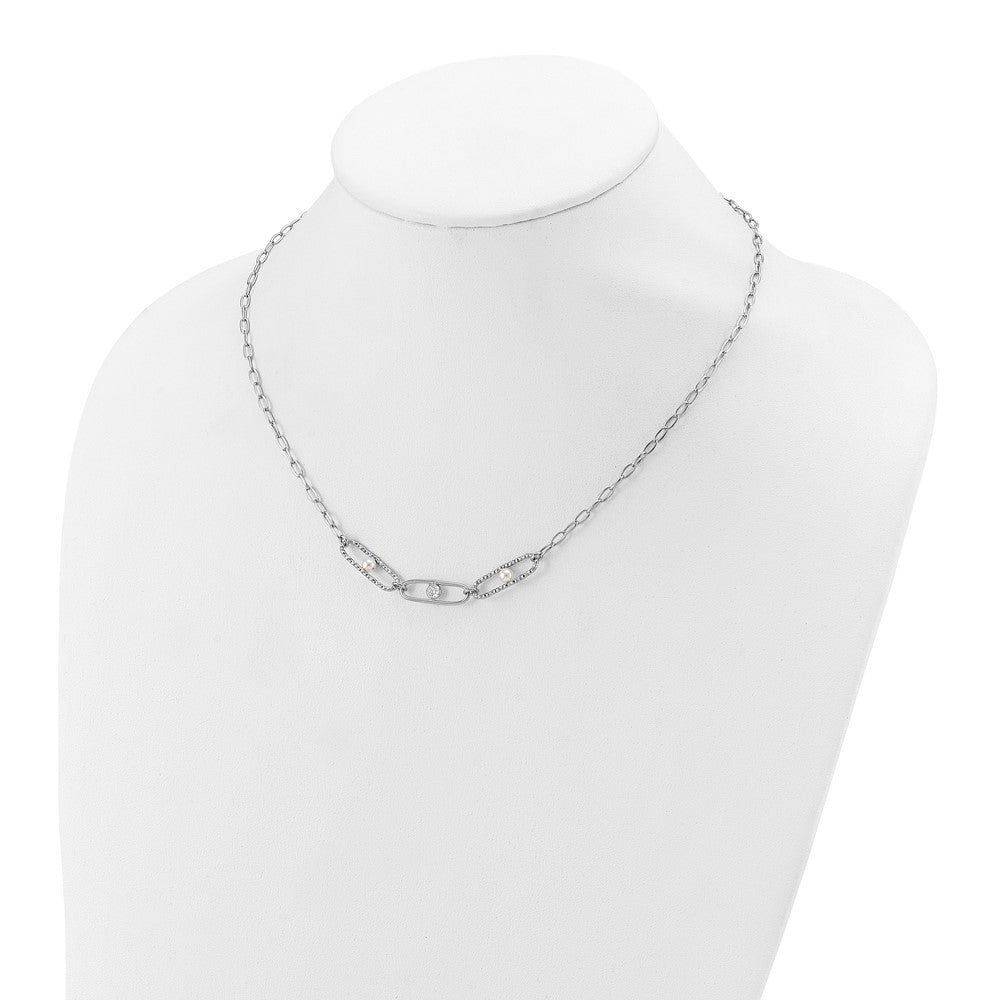 Sterlingsilber Rhodiniert Zirkonia und Kristall Perle 2 Zoll Verlängerung. Halskette