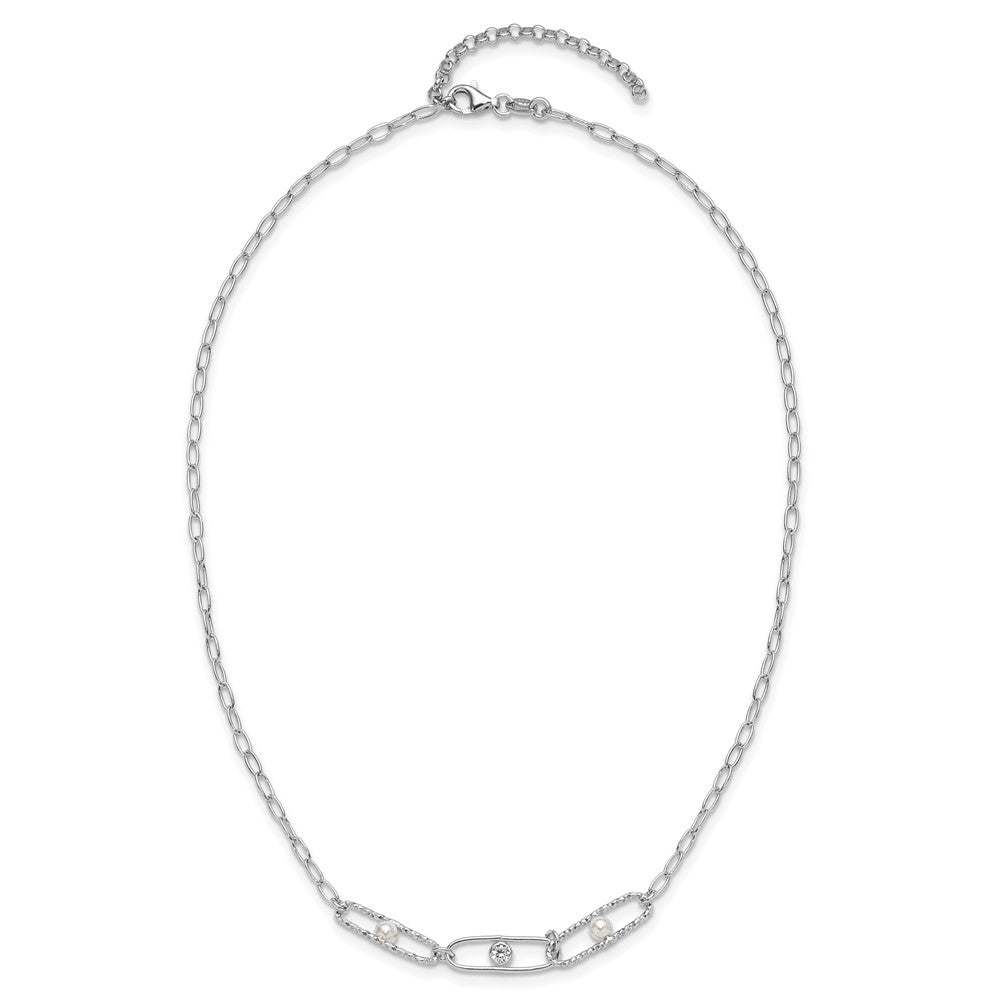 Sterlingsilber Rhodiniert Zirkonia und Kristall Perle 2 Zoll Verlängerung. Halskette