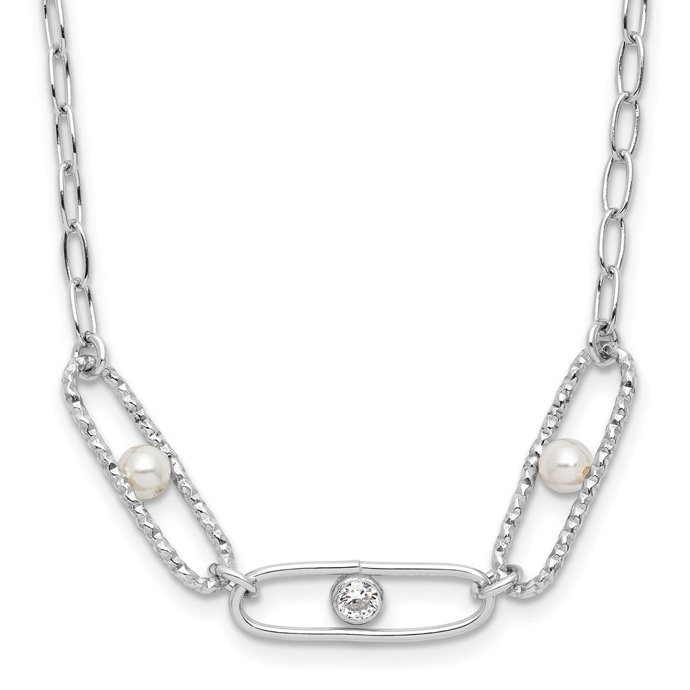 Sterlingsilber Rhodiniert Zirkonia und Kristall Perle 2 Zoll Verlängerung. Halskette