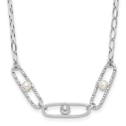 Sterlingsilber Rhodiniert Zirkonia und Kristall Perle 2 Zoll Verlängerung. Halskette
