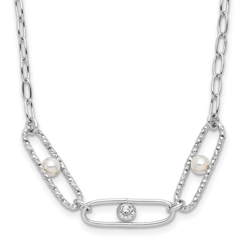 Sterlingsilber Rhodiniert Zirkonia und Kristall Perle 2 Zoll Verlängerung. Halskette