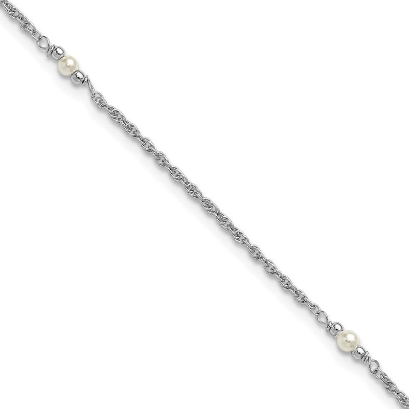 Sterlingsilber Rhodiniert-plat Poliert Fwc Perle Station 9 Zoll Plus 1 Zoll Verlängerung. Fußkettchen