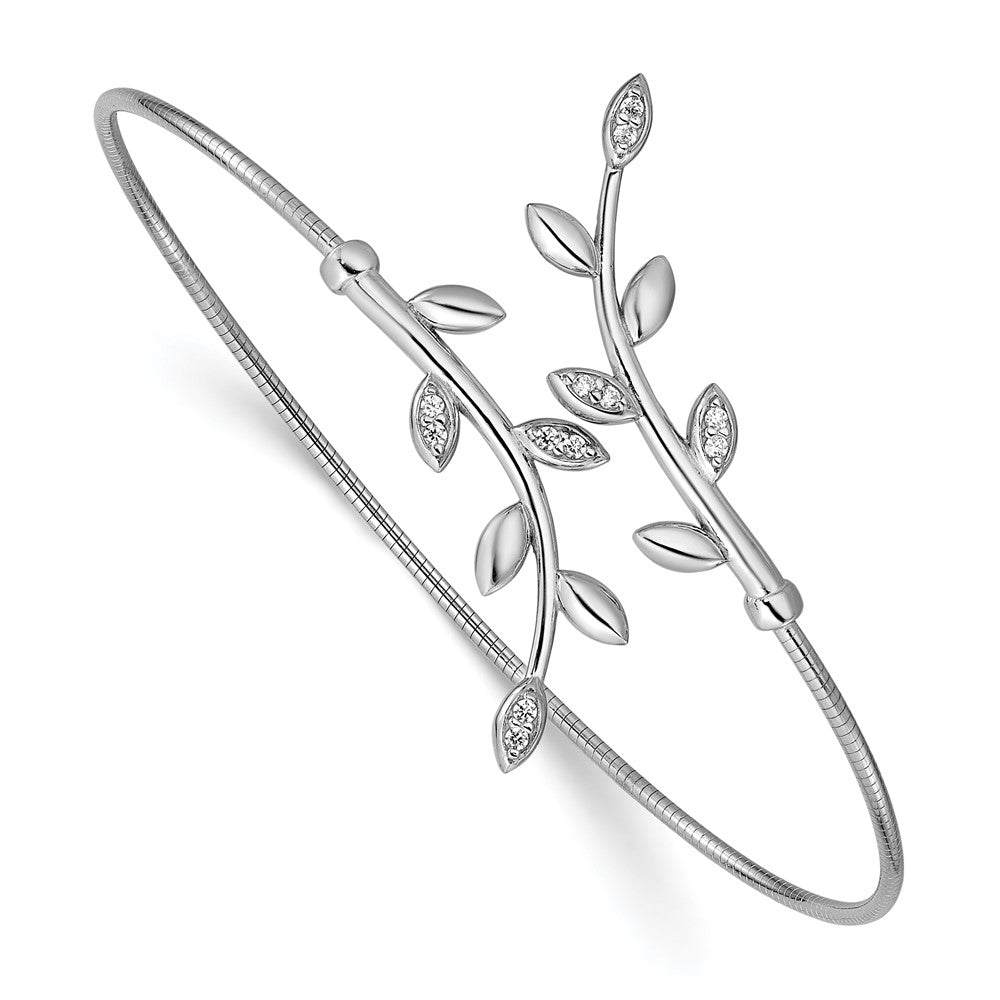 Sterlingsilber Ss Rhodiniert Poliert Zirkonia Blatt Bypass Flexibel Manschette Armreif