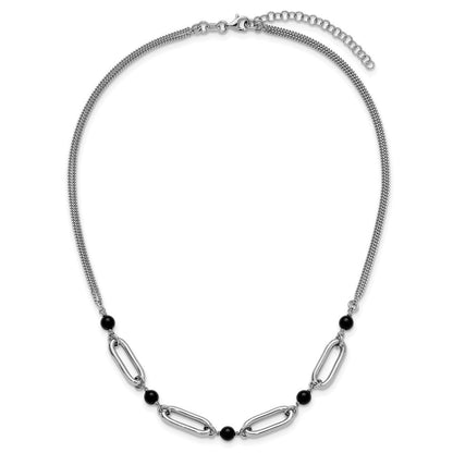 Sterlingsilber Ss Rhodiniert Schwarz Glas Perle 2 Strang Glieder 2 Zoll Verlängerung Halskette