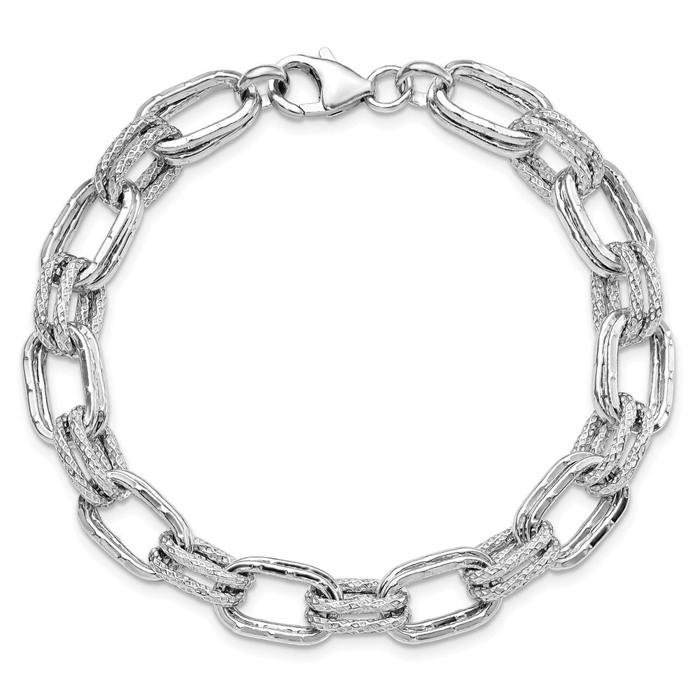 7.5 Zoll Sterlingsilber Rhodiniert Poliert und Strukturiert Glieder Armband