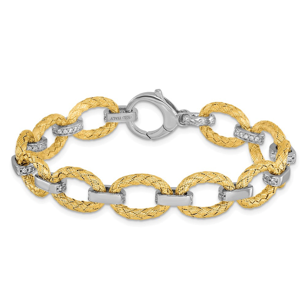 7.25 Zoll Sterlingsilber Rhodiniert Vergoldet Zirkonia Geflochten Glieder Armband